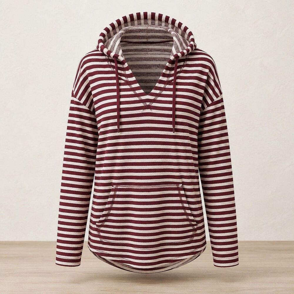 Banana Republic Women's Maroon/Burgundy and White Striped Pullover Hoodie SZ M